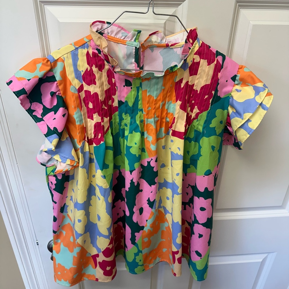 Colorful Floral Ruffle-Sleeve Blouse - Multicolor